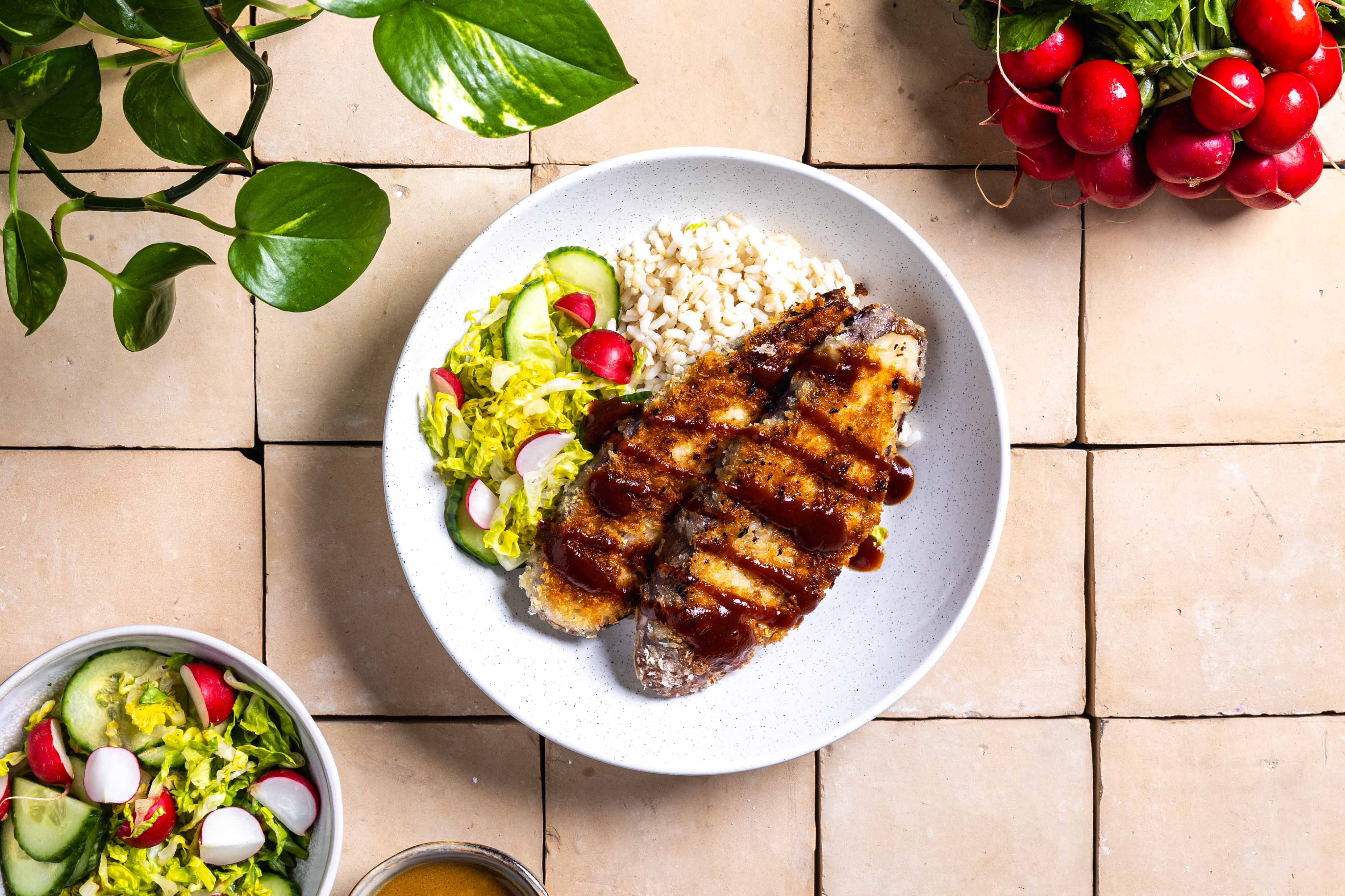 Tonkatsu van aubergine met rijst,