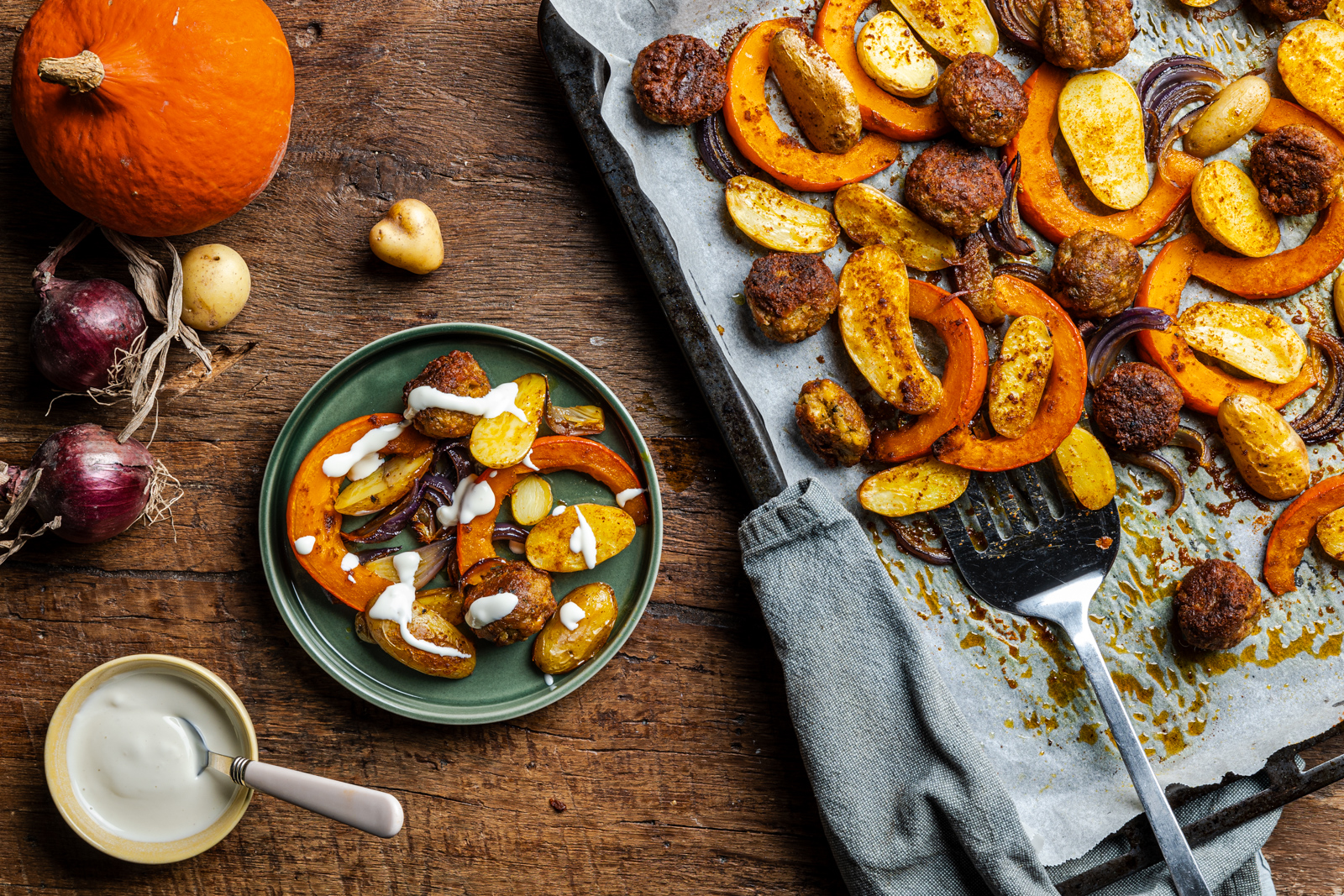 Traybake met falafel, pompoen